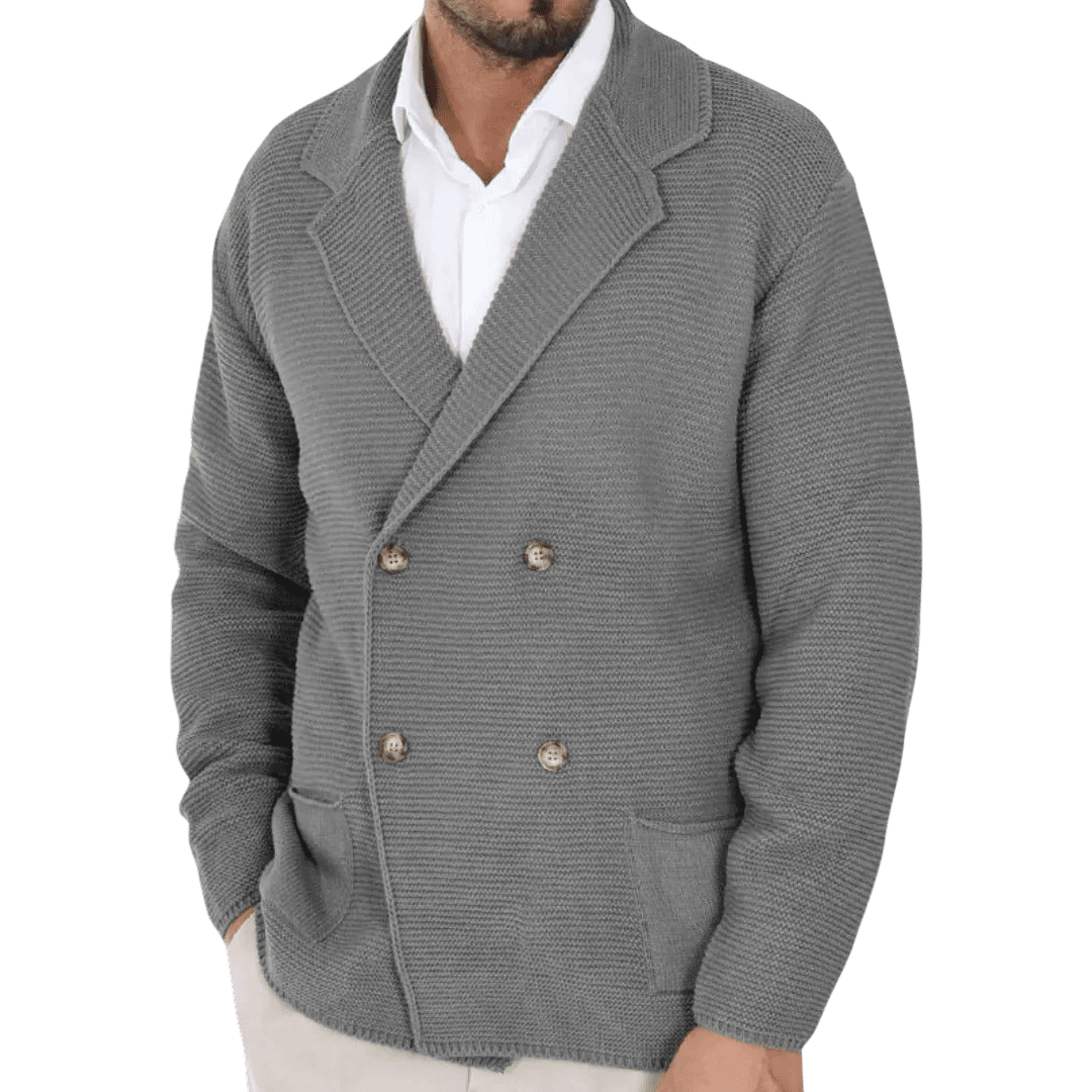 Kardigan męski dwurzędowy krój typu marynarka z kołnierzem - Arkadya Outlet - Men Cardigan