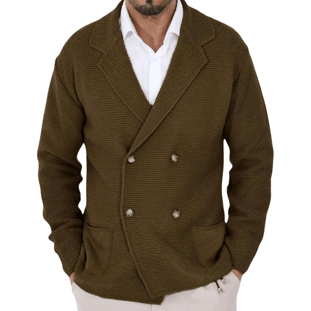 Kardigan męski dwurzędowy krój typu marynarka z kołnierzem - Arkadya Outlet - Men Cardigan