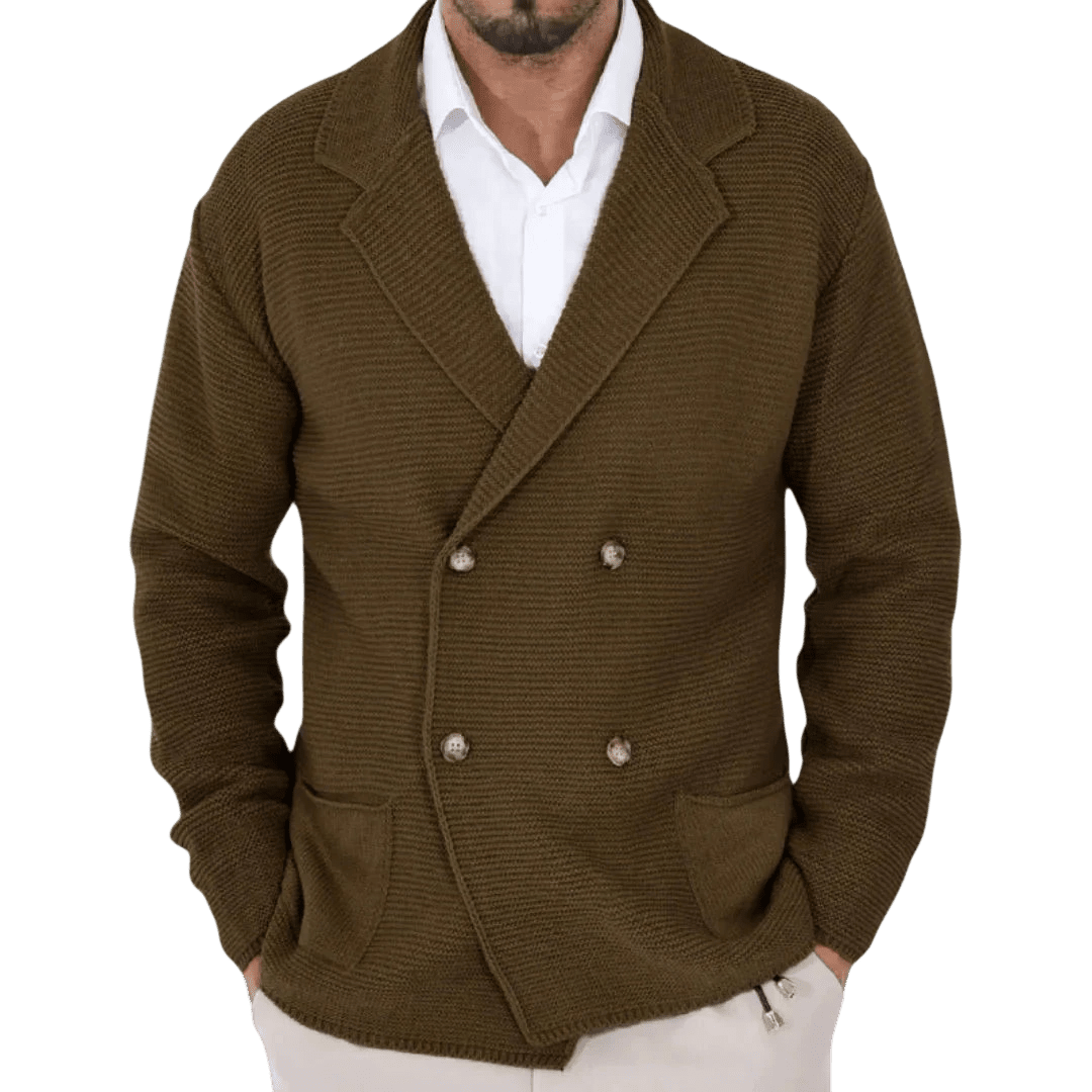 Kardigan męski dwurzędowy krój typu marynarka z kołnierzem - Arkadya Outlet - Men Cardigan