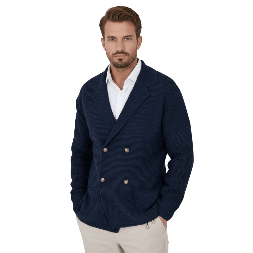 Kardigan męski dwurzędowy krój typu marynarka z kołnierzem - Arkadya Outlet - Men Cardigan