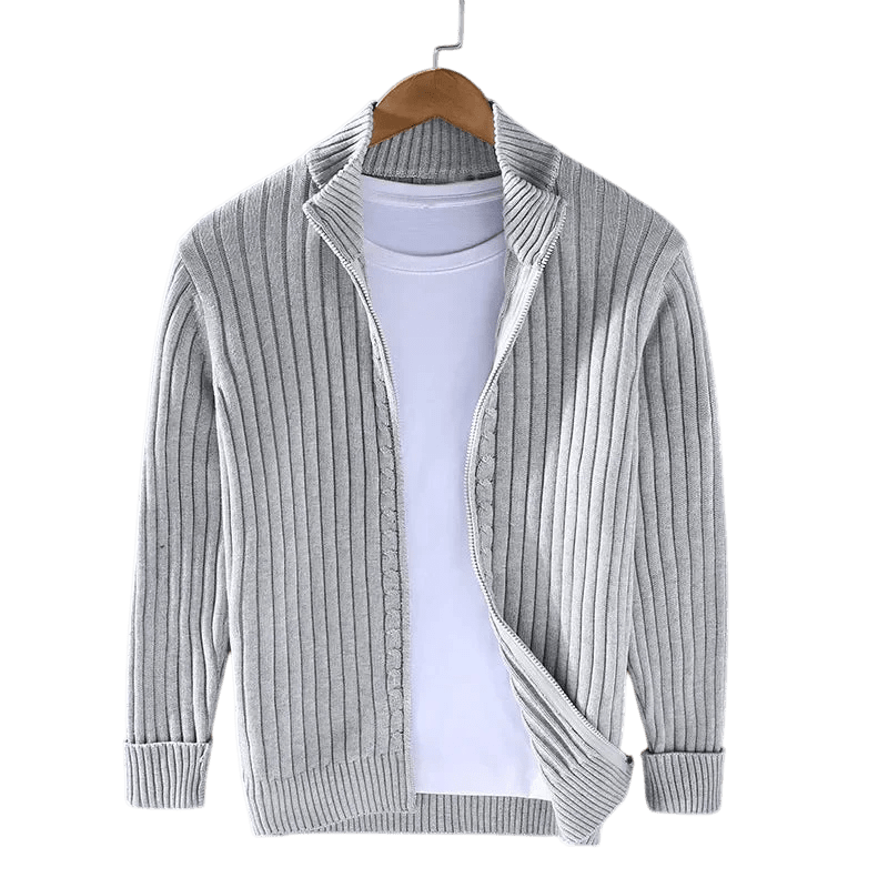 Kardigan Męski Dzianinowy Prążkowana Faktura Zamek Długi Rękaw - Arkadya Outlet - Men Cardigan