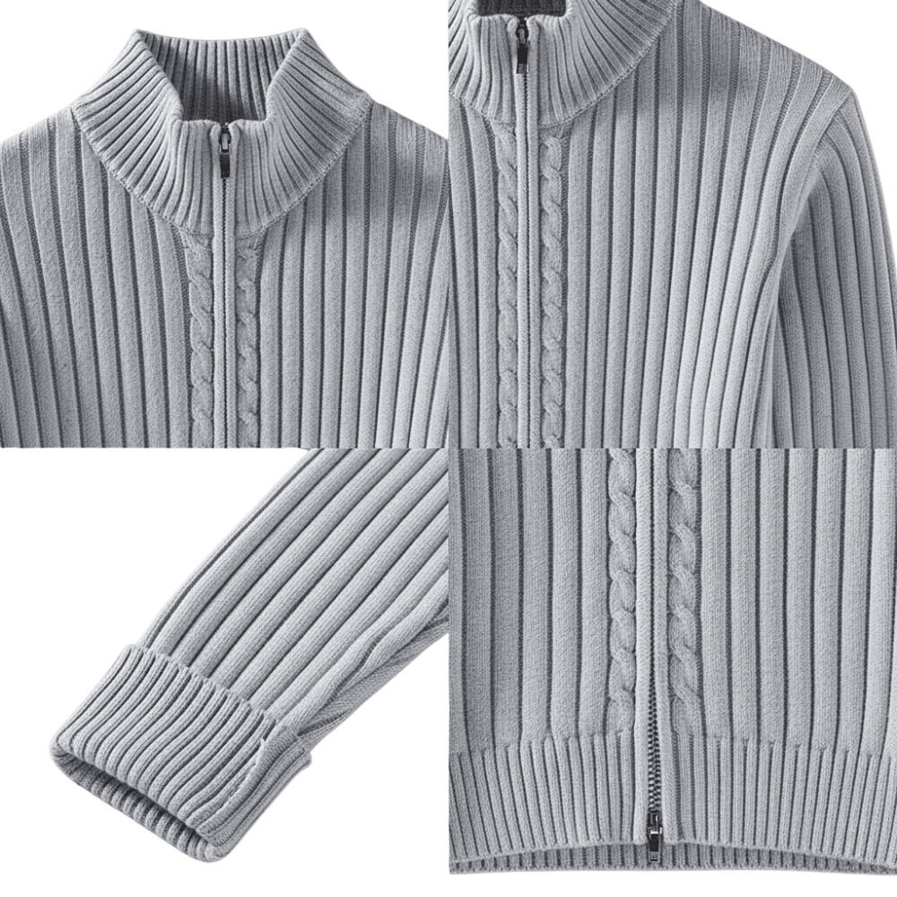 Kardigan Męski Dzianinowy Prążkowana Faktura Zamek Długi Rękaw - Arkadya Outlet - Men Cardigan