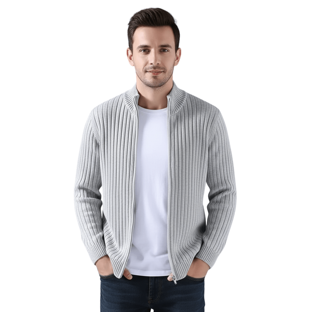 Kardigan Męski Dzianinowy Prążkowana Faktura Zamek Długi Rękaw - Arkadya Outlet - Men Cardigan