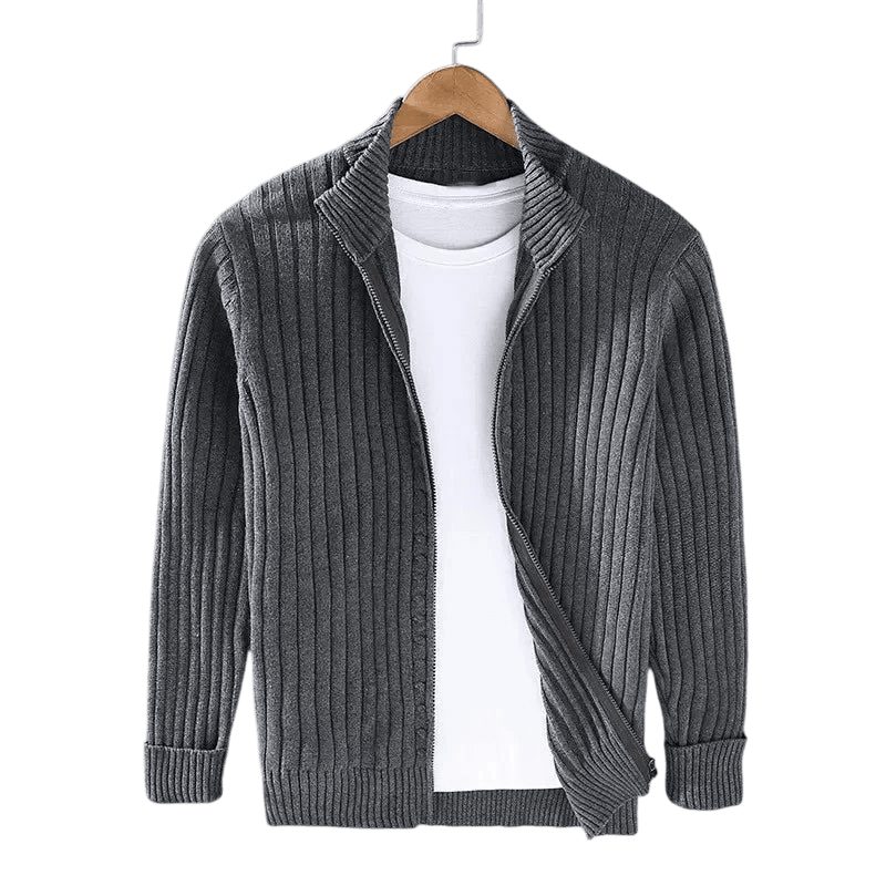 Kardigan Męski Dzianinowy Prążkowana Faktura Zamek Długi Rękaw - Arkadya Outlet - Men Cardigan