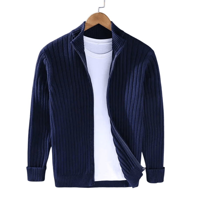 Kardigan Męski Dzianinowy Prążkowana Faktura Zamek Długi Rękaw - Arkadya Outlet - Men Cardigan