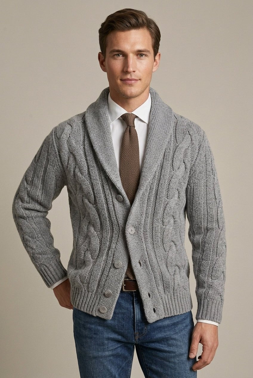 Kardigan Męski | Kołnierz Szalowy i Splot Warkoczowy z Guzikami - Arkadya Outlet - Cardigans