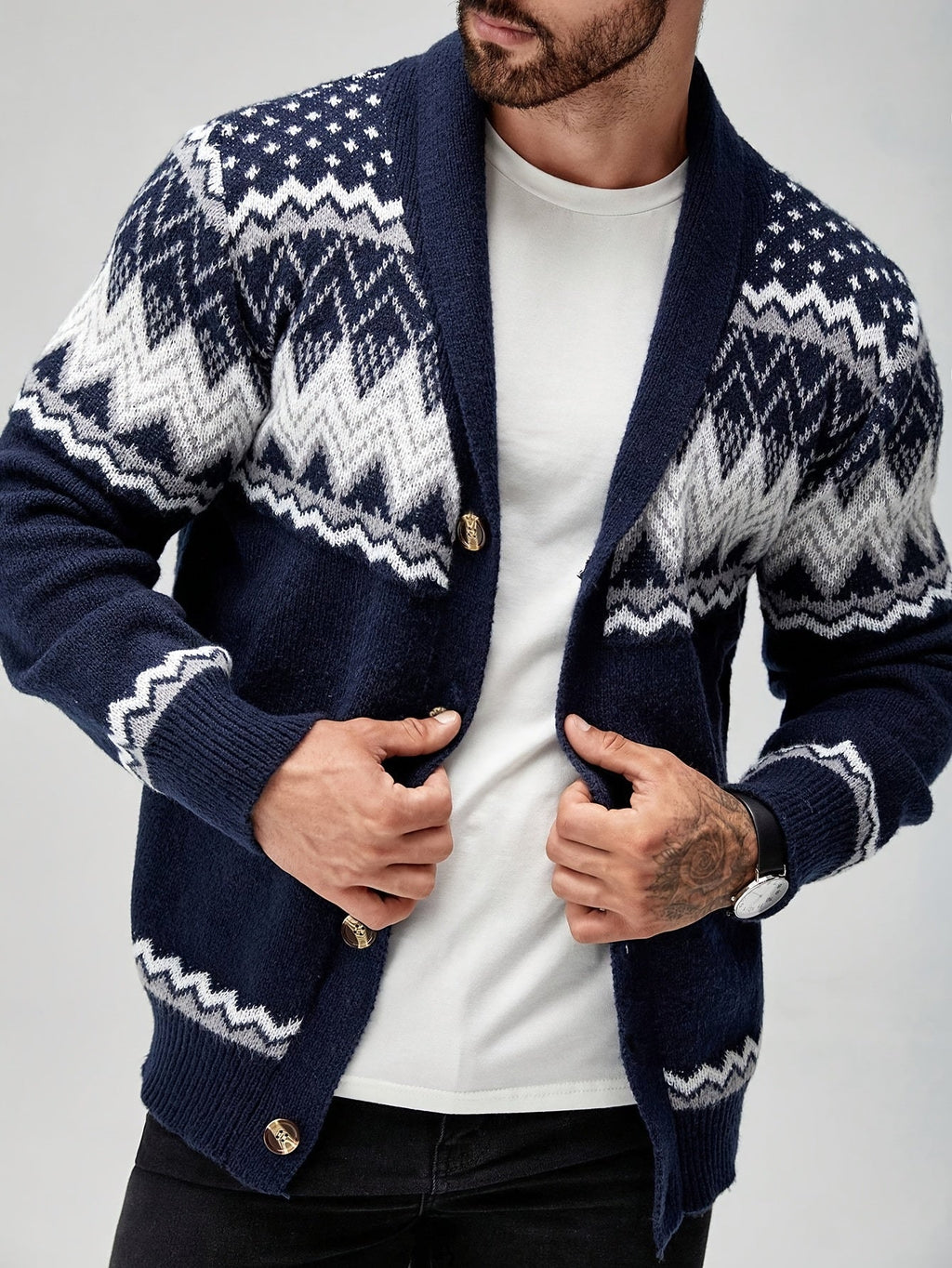 Kardigan Męski | Kołnierz Szalowy z Wzorem Fair Isle z Przodu - Arkadya Outlet - Cardigans