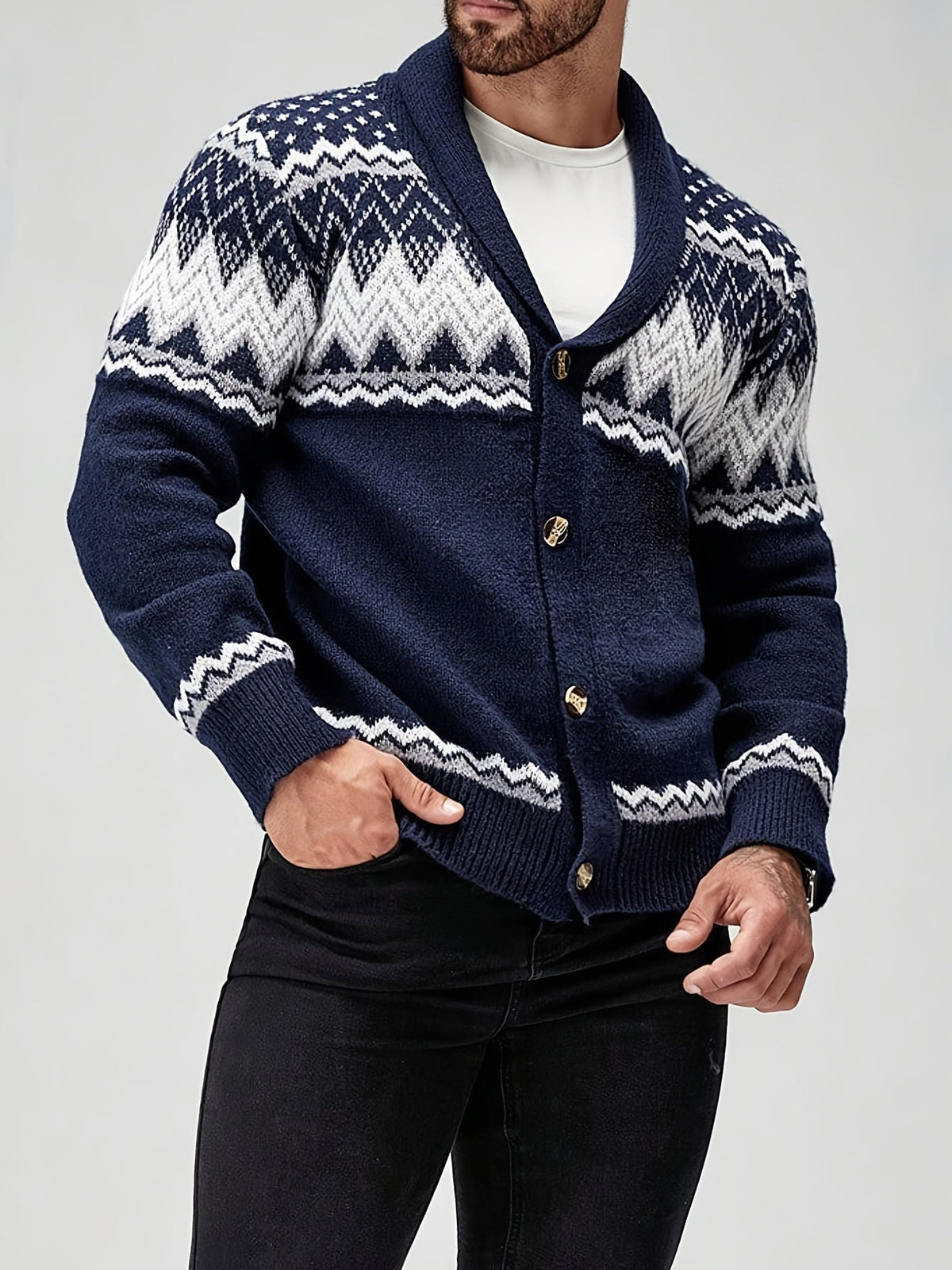 Kardigan Męski | Kołnierz Szalowy z Wzorem Fair Isle z Przodu - Arkadya Outlet - Cardigans