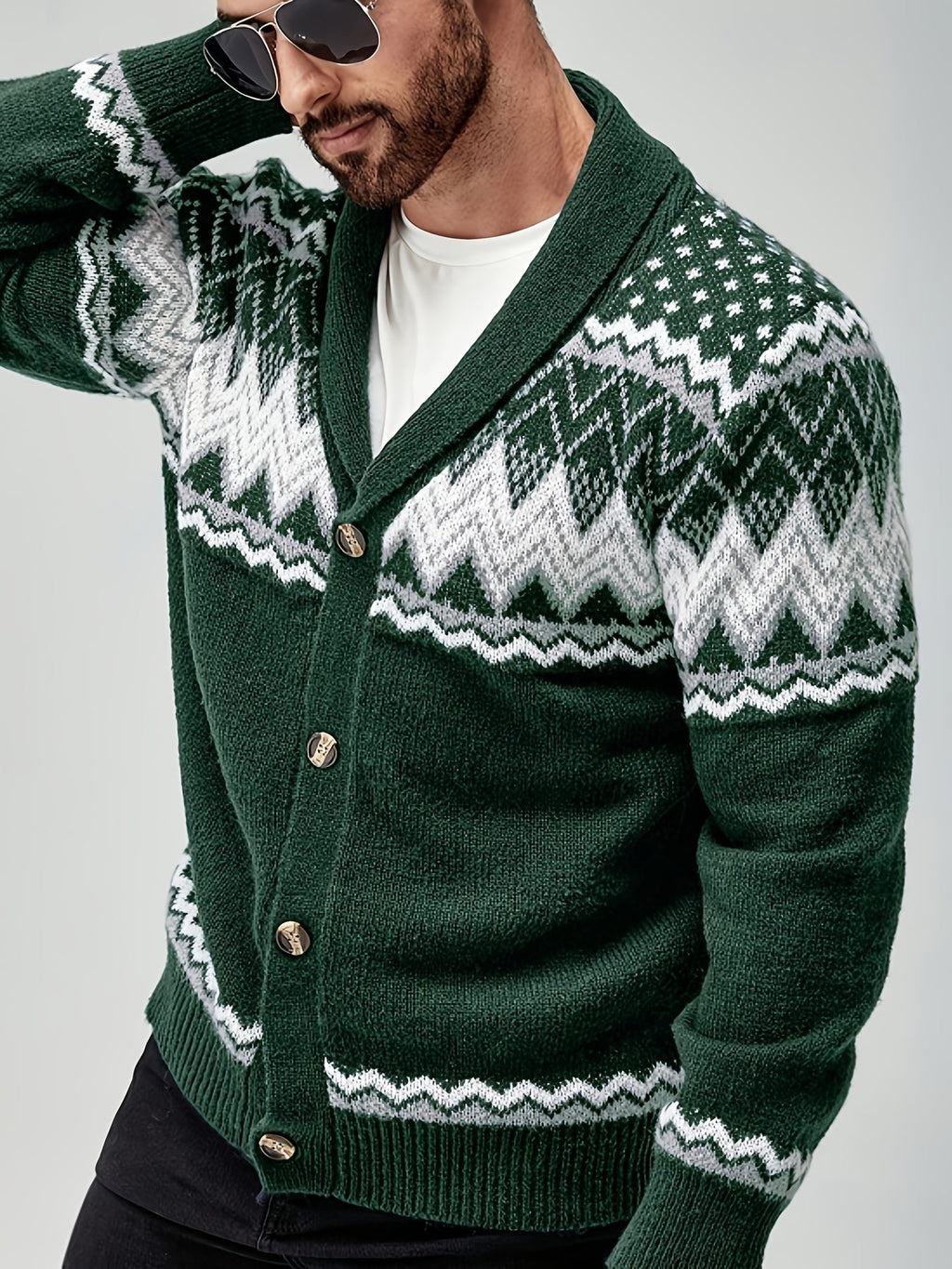 Kardigan Męski | Kołnierz Szalowy z Wzorem Fair Isle z Przodu - Arkadya Outlet - Cardigans