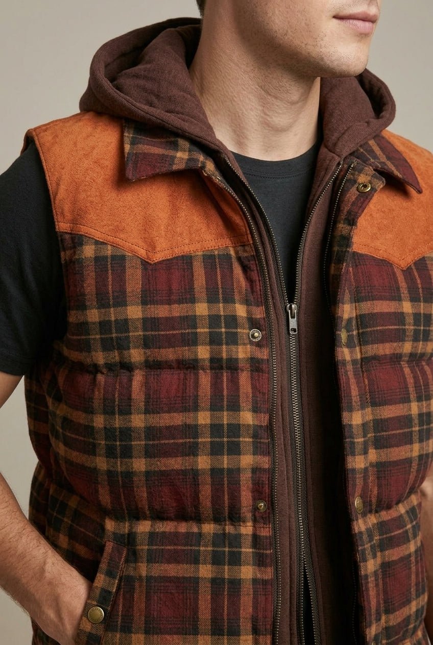 Kardigan Męski | Pikowana kamizelka z kapturem w kratę - Arkadya Outlet - Cardigans