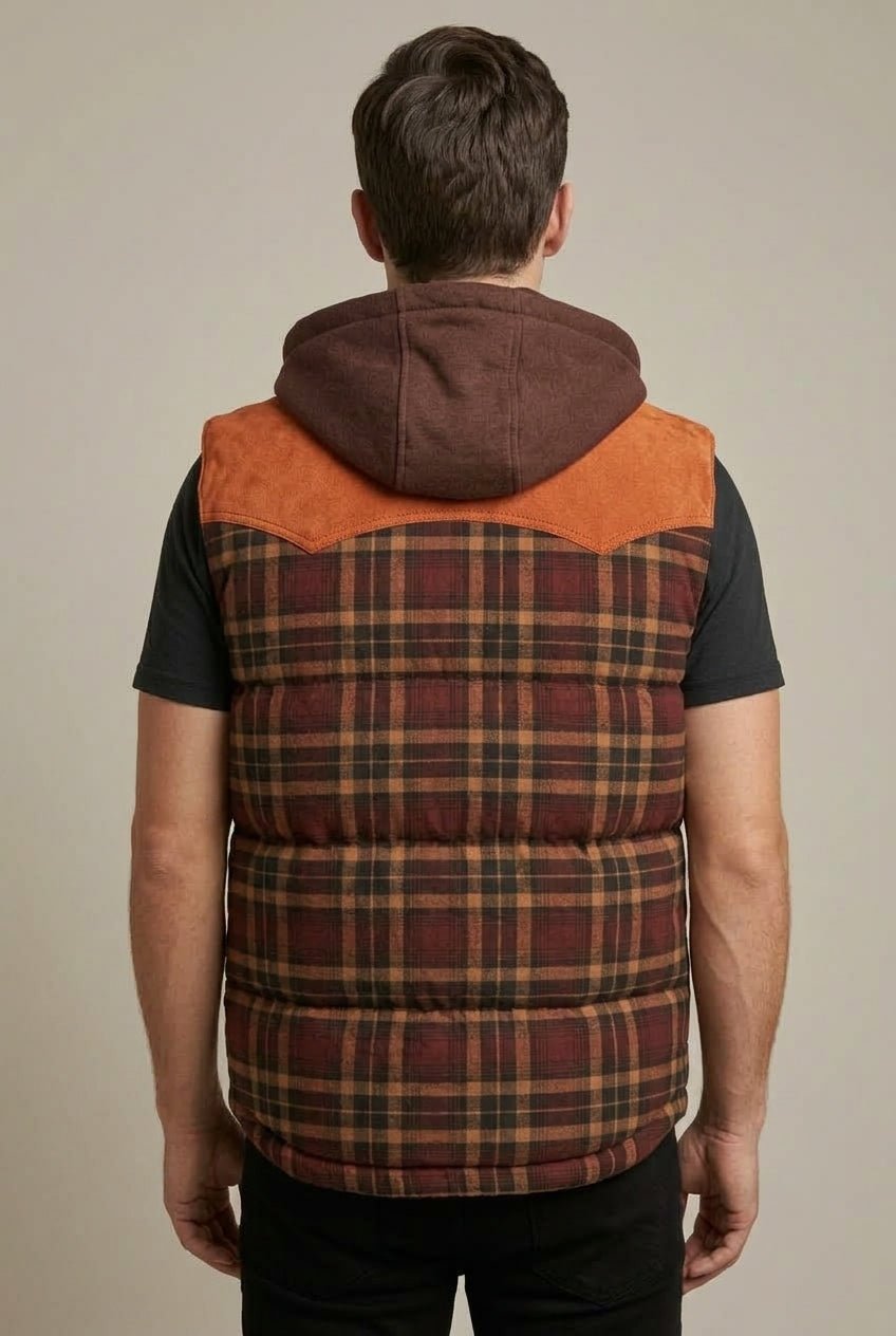Kardigan Męski | Pikowana kamizelka z kapturem w kratę - Arkadya Outlet - Cardigans