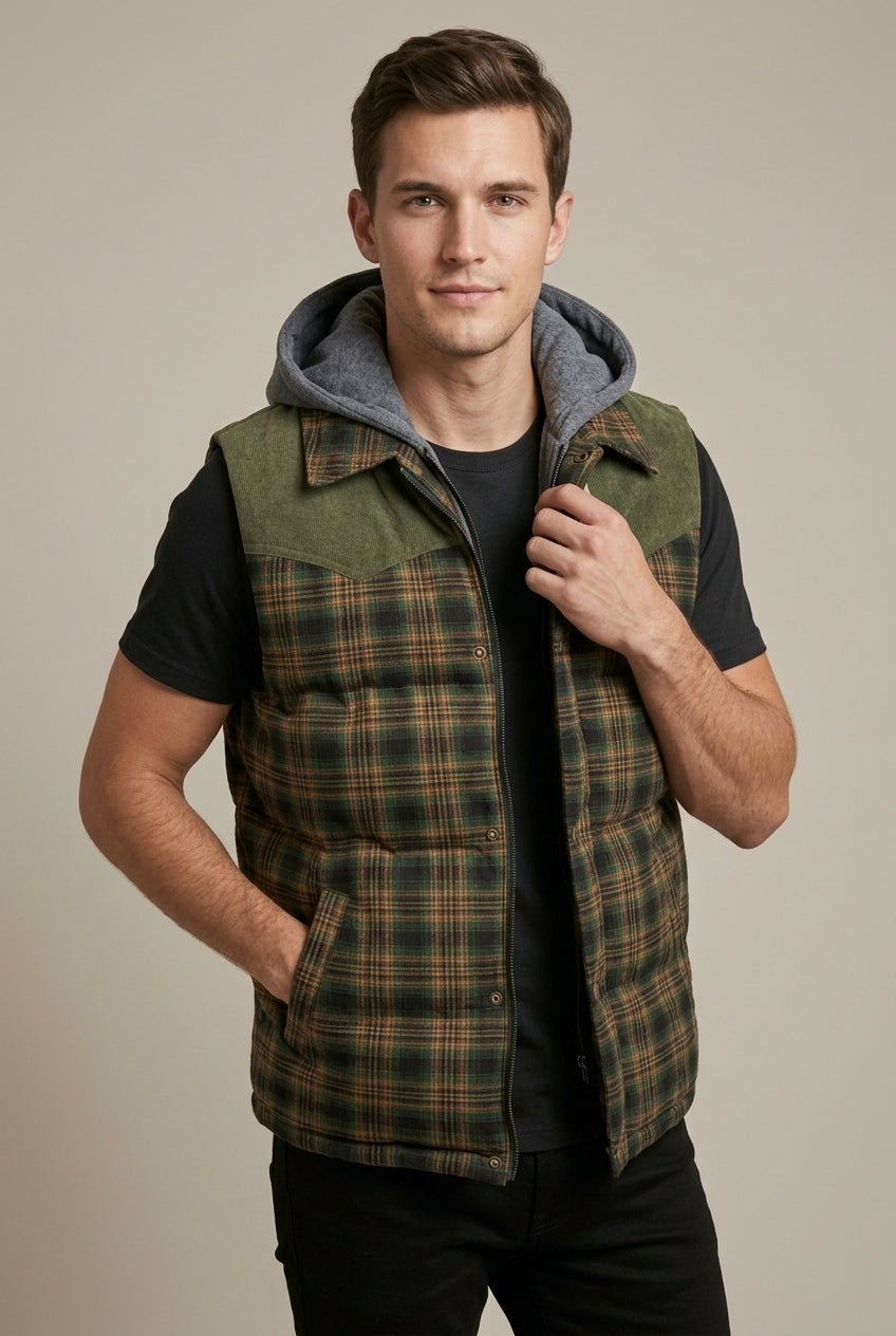 Kardigan Męski | Pikowana kamizelka z kapturem w kratę - Arkadya Outlet - Cardigans