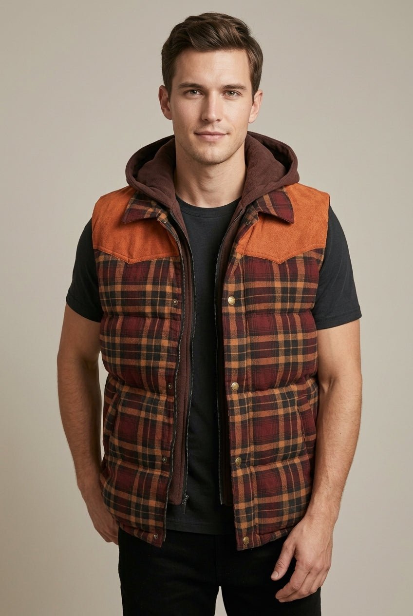 Kardigan Męski | Pikowana kamizelka z kapturem w kratę - Arkadya Outlet - Cardigans