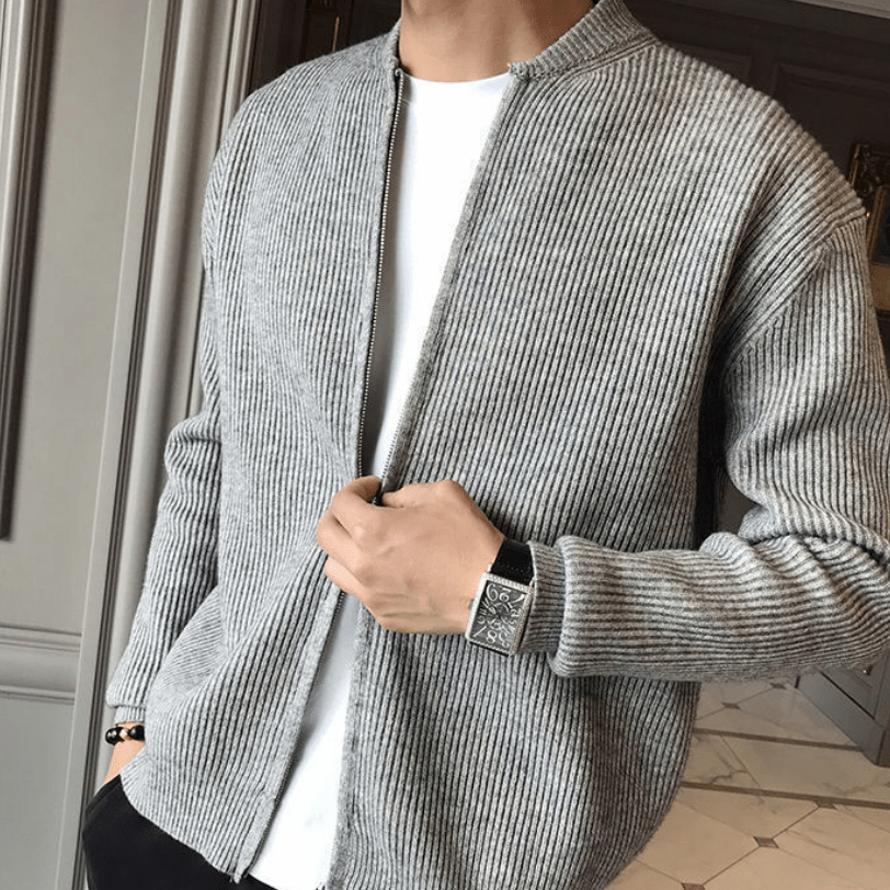 Kardigan Męski | Prążkowany Splot z Zamkiem na Całej Długości - Arkadya Outlet - Cardigans