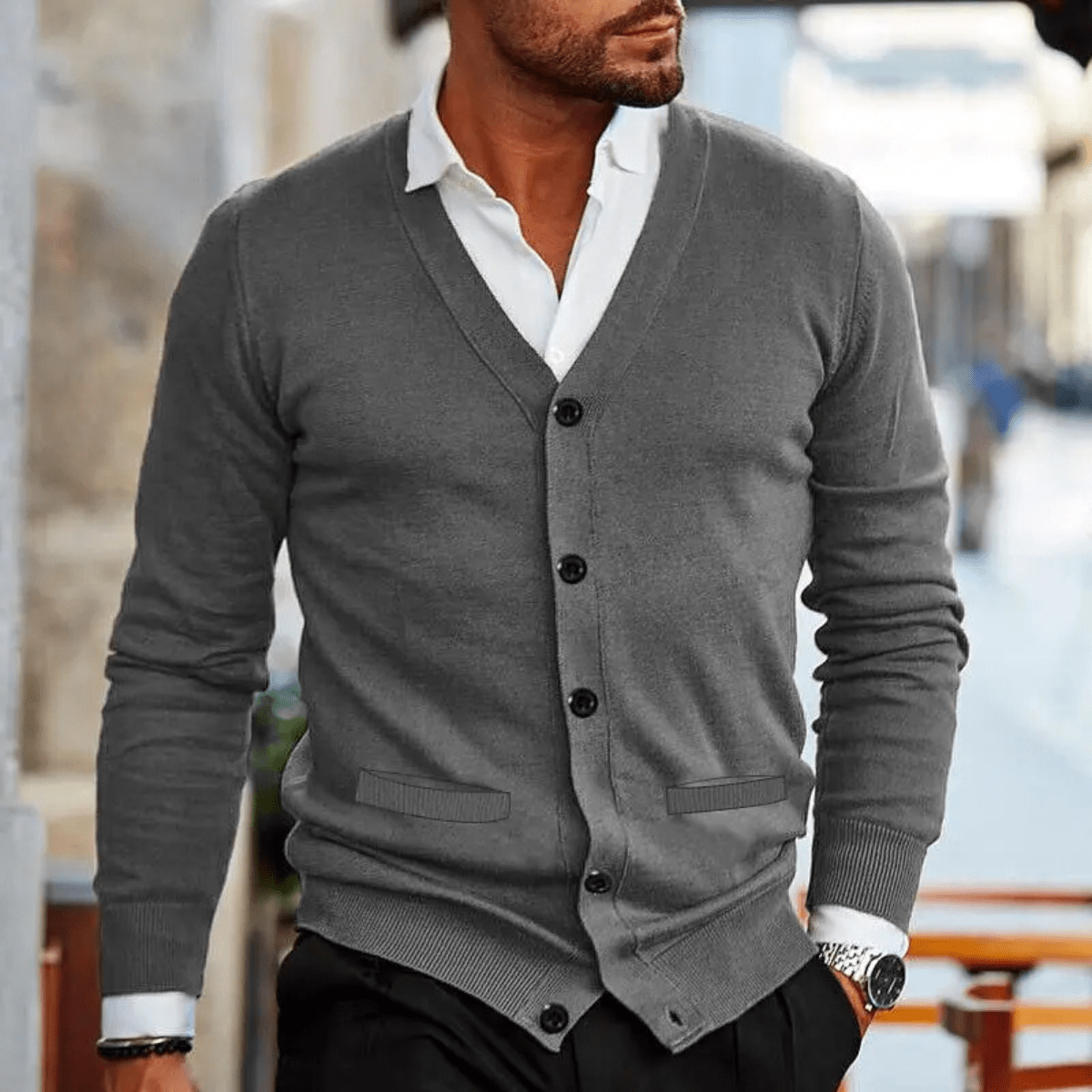 Kardigan męski prążkowany z dekoltem V - Arkadya Outlet - Men Cardigan