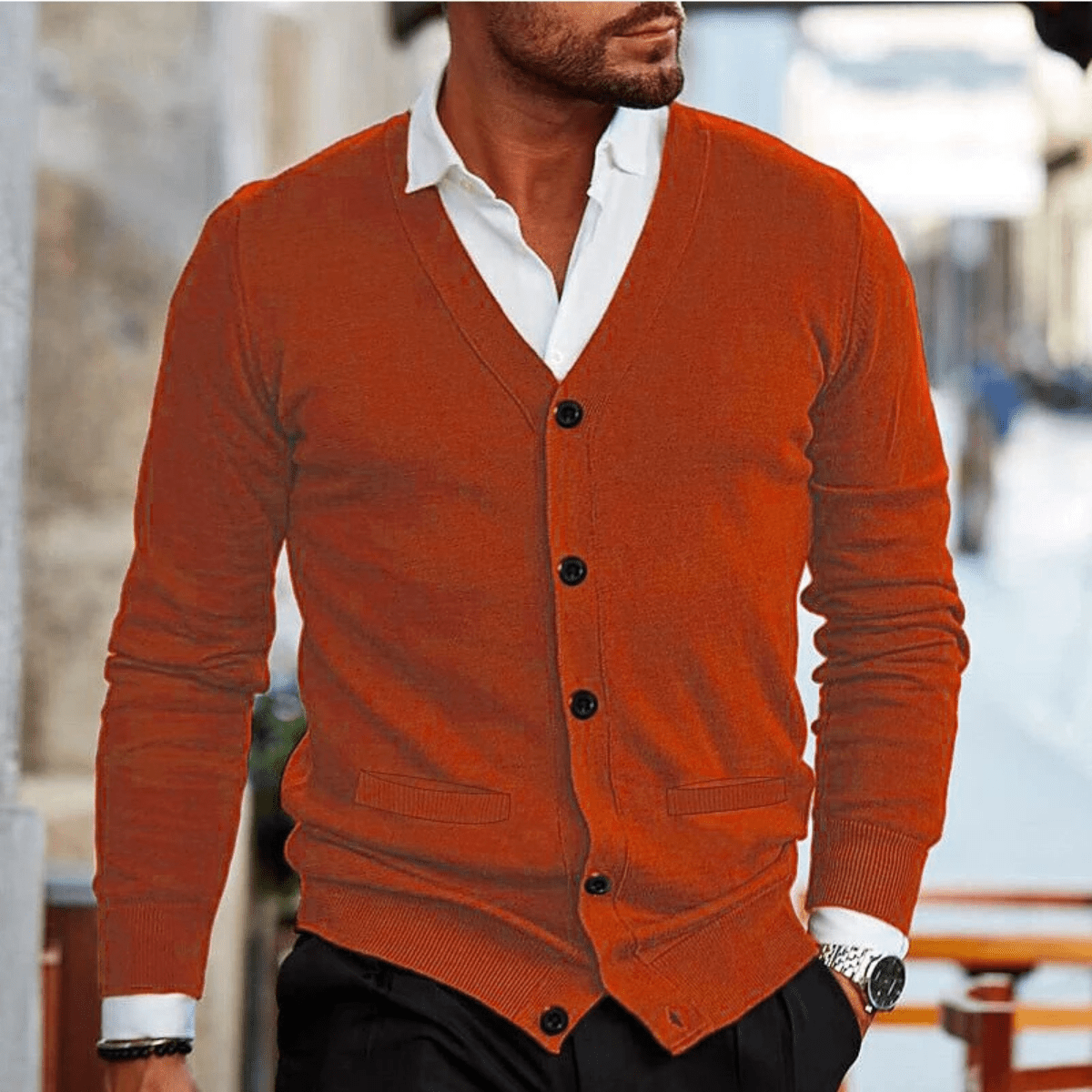 Kardigan męski prążkowany z dekoltem V - Arkadya Outlet - Men Cardigan