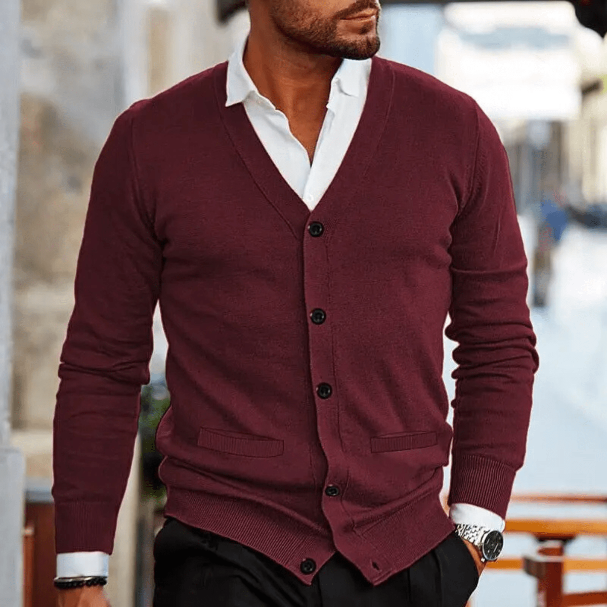 Kardigan męski prążkowany z dekoltem V - Arkadya Outlet - Men Cardigan