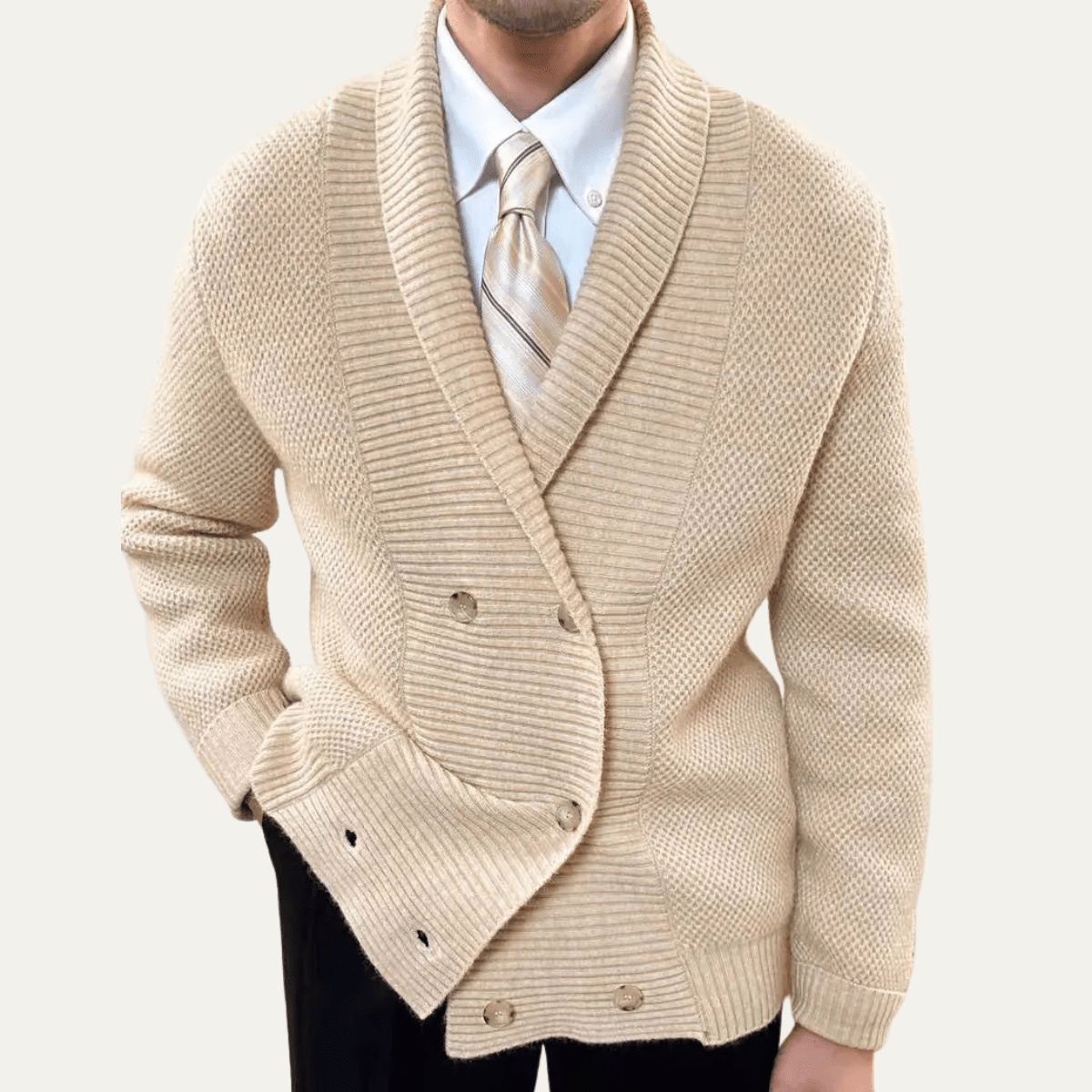 Kardigan męski z szalowym kołnierzem dwurzędowy - Arkadya Outlet - Men Cardigan