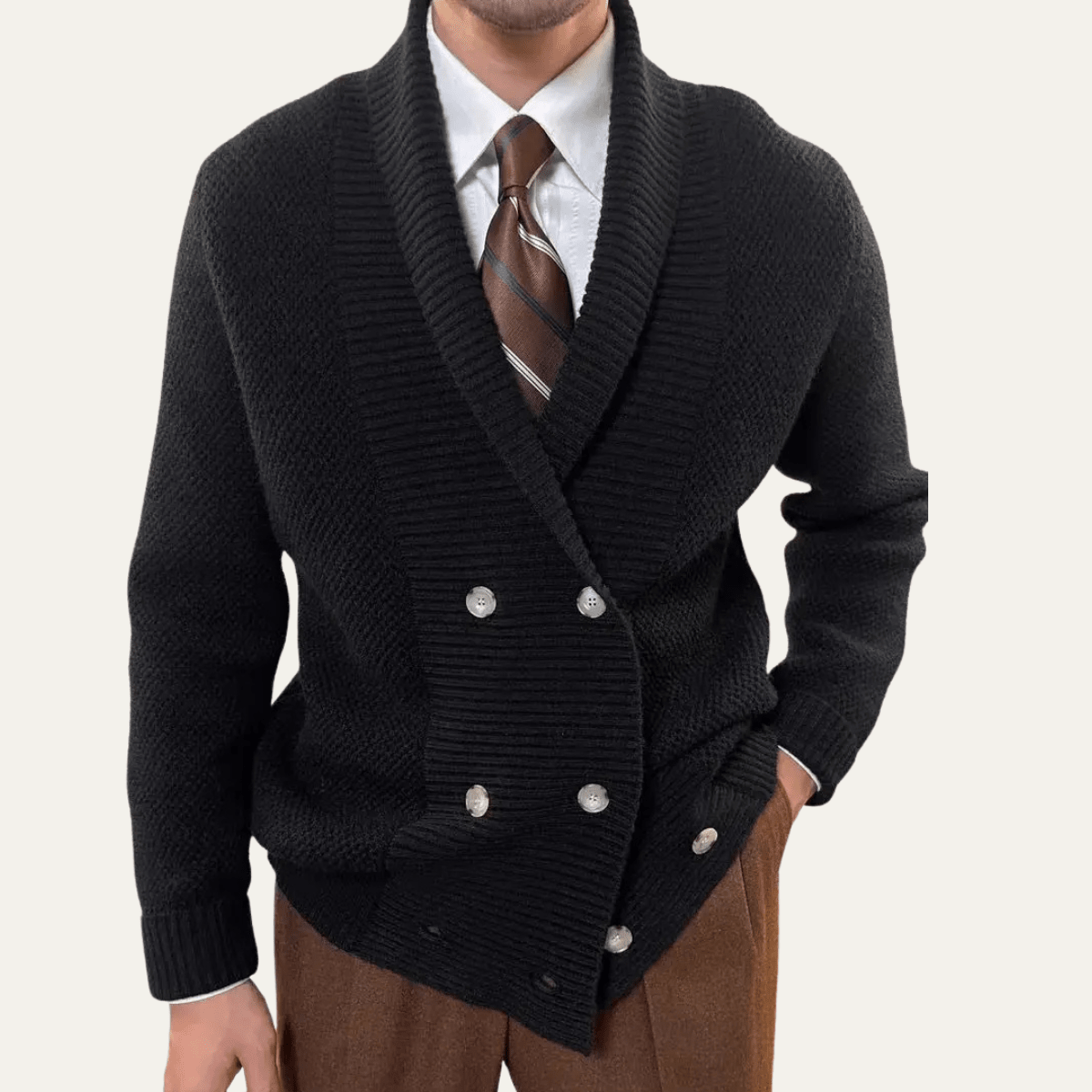 Kardigan męski z szalowym kołnierzem dwurzędowy - Arkadya Outlet - Men Cardigan
