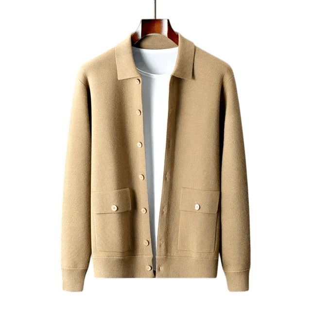 Kardigan męski zapinany na guziki z kołnierzem i kieszeniami - Arkadya Outlet - Men Cardigan