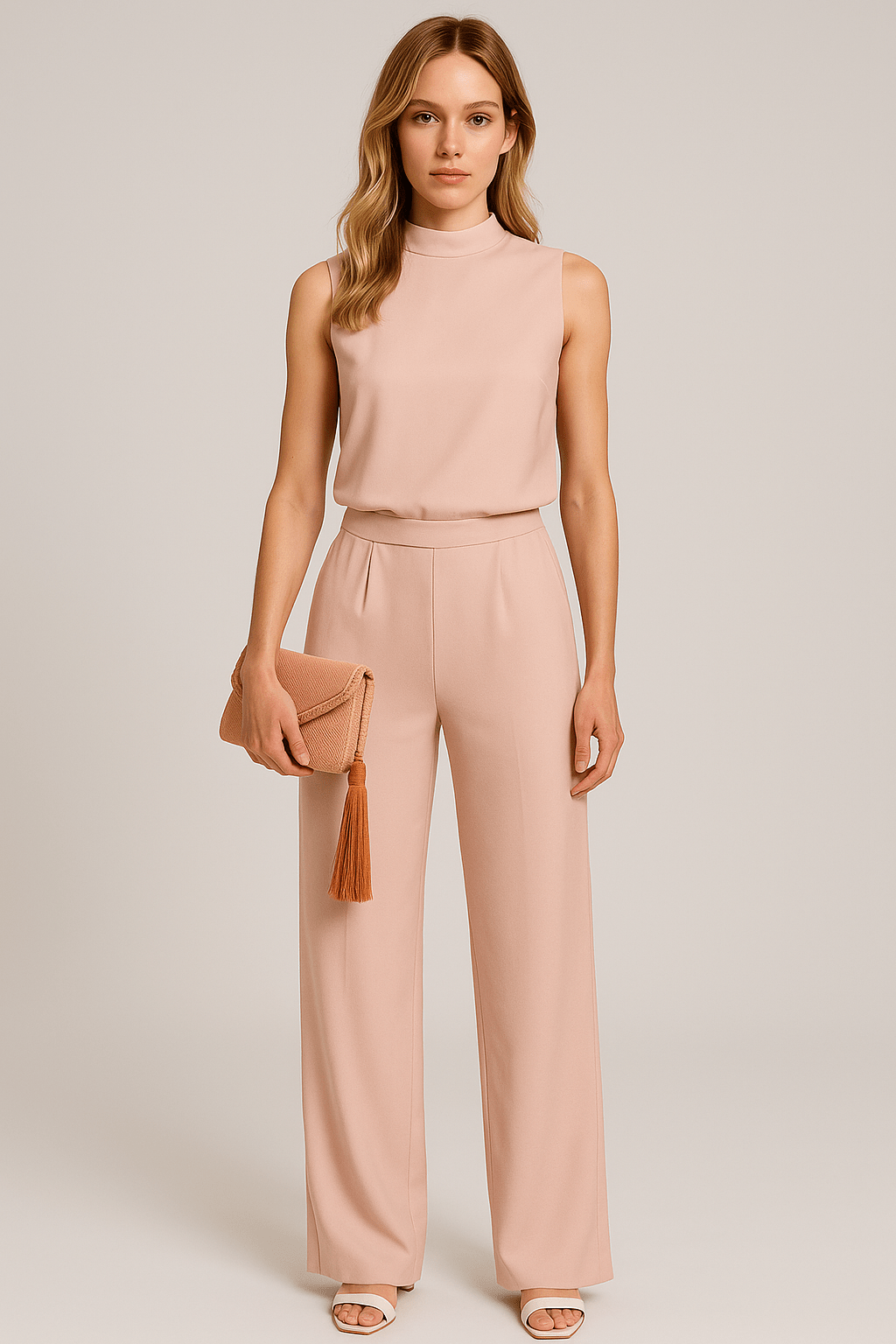 Kombinezon damski bez rękawów z szerokimi nogawkami i dekoltem stójka - Arkadya Outlet - Women Jumpsuit
