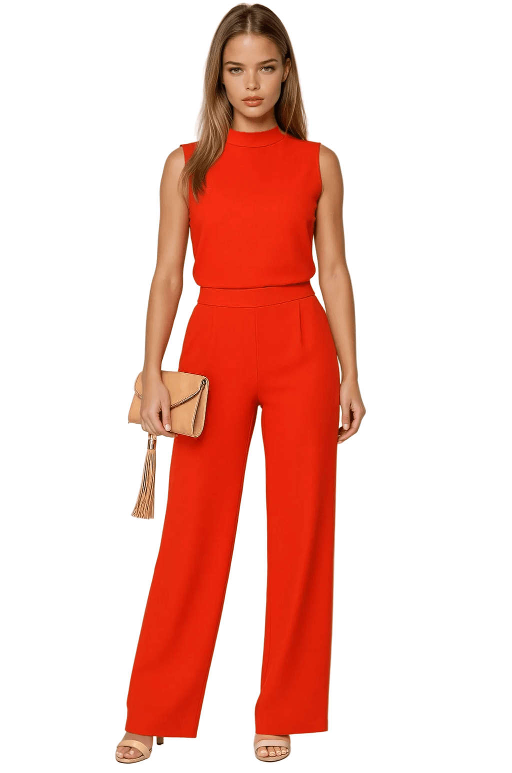 Kombinezon damski bez rękawów z szerokimi nogawkami i dekoltem stójka - Arkadya Outlet - Women Jumpsuit