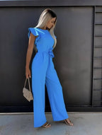 Kombinezon damski elegancki z dekoltem na jedno ramię – długie nogawki, asymetryczny krój - Arkadya Outlet - Women Jumpsuit