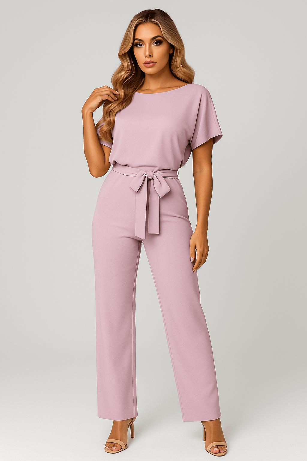 Kombinezon damski elegancki z paskiem w talii – szerokie nogawki, jednoczęściowy krój - Arkadya Outlet - Women Jumpsuit