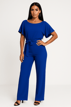 Kombinezon damski elegancki z paskiem w talii – szerokie nogawki, jednoczęściowy krój - Arkadya Outlet - Women Jumpsuit
