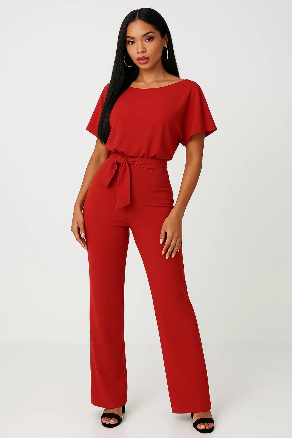 Kombinezon damski elegancki z paskiem w talii – szerokie nogawki, jednoczęściowy krój - Arkadya Outlet - Women Jumpsuit