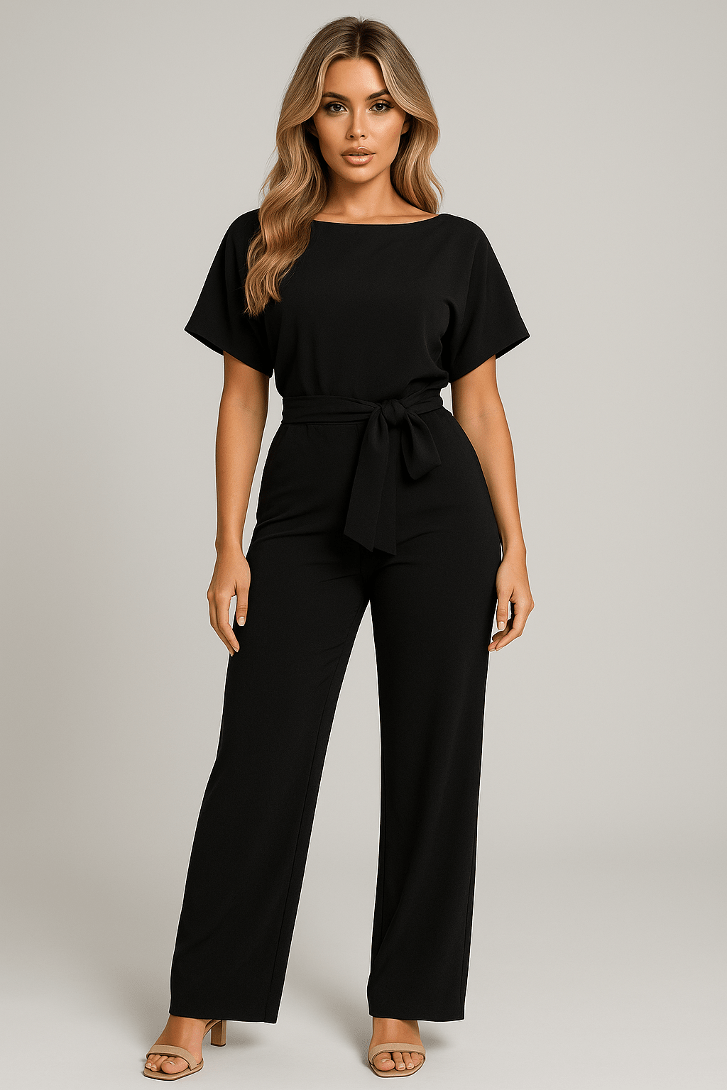 Kombinezon damski elegancki z paskiem w talii – szerokie nogawki, jednoczęściowy krój - Arkadya Outlet - Women Jumpsuit
