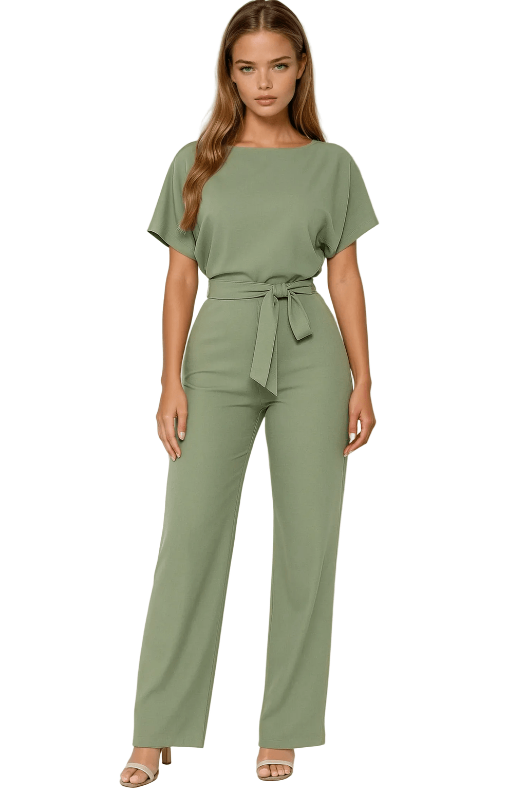 Kombinezon damski elegancki z paskiem w talii – szerokie nogawki, jednoczęściowy krój - Arkadya Outlet - Women Jumpsuit