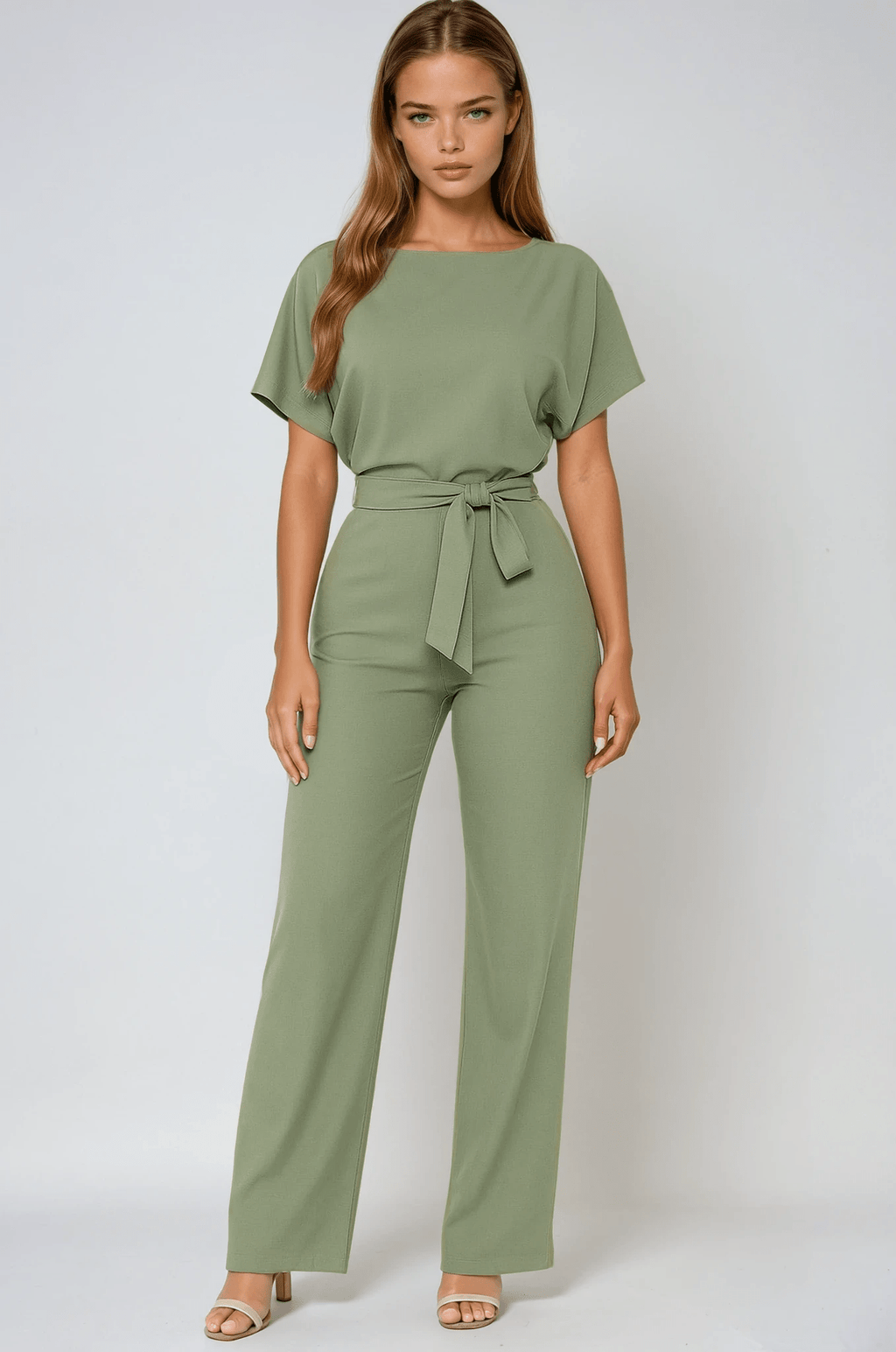 Kombinezon damski elegancki z paskiem w talii – szerokie nogawki, jednoczęściowy krój - Arkadya Outlet - Women Jumpsuit