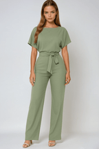 Kombinezon damski elegancki z paskiem w talii – szerokie nogawki, jednoczęściowy krój - Arkadya Outlet - Women Jumpsuit