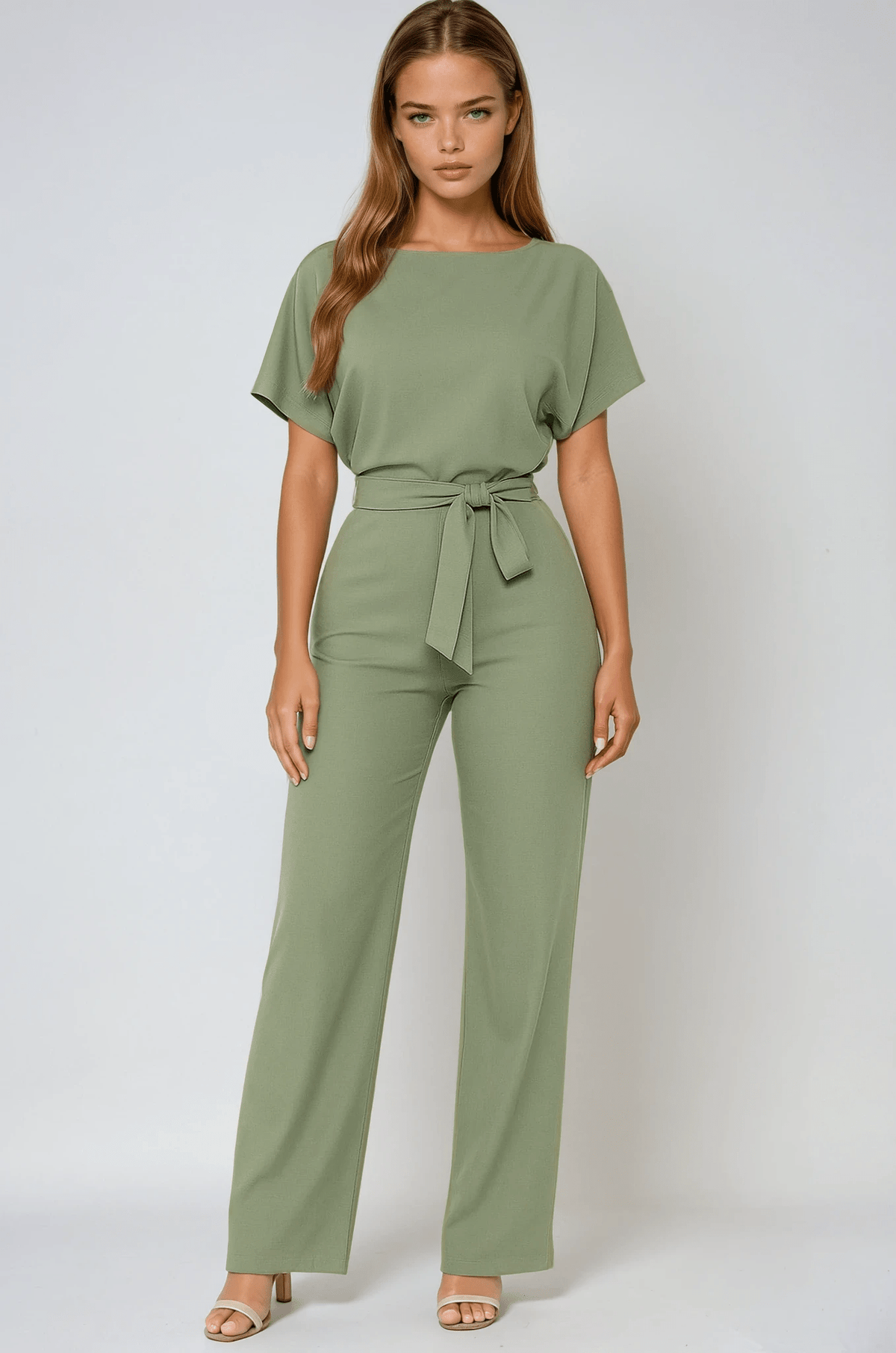 Kombinezon damski elegancki z paskiem w talii – szerokie nogawki, jednoczęściowy krój - Arkadya Outlet - Women Jumpsuit