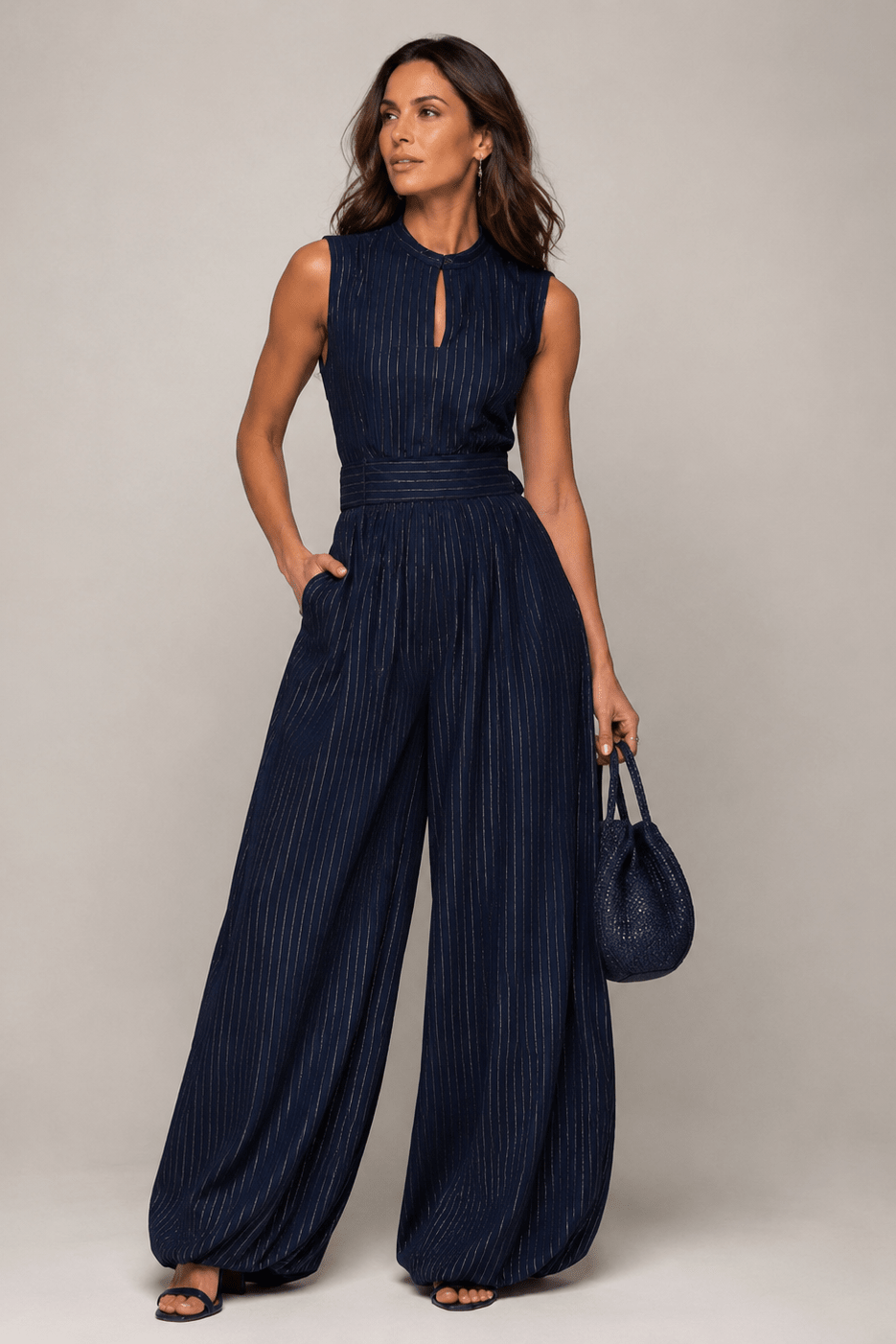 Kombinezon Damski | Szerokie nogawki bez rękawów w prążki - Arkadya Outlet - Suits