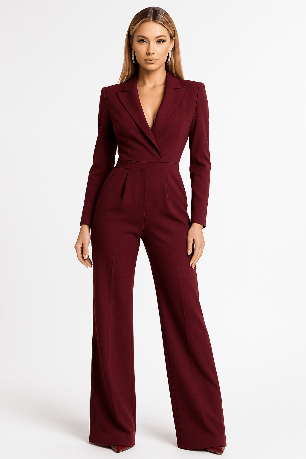 Kombinezon damski z długim rękawem i dekoltem V – dopasowana forma, jednoczęściowy krój - Arkadya Outlet - Women Jumpsuit