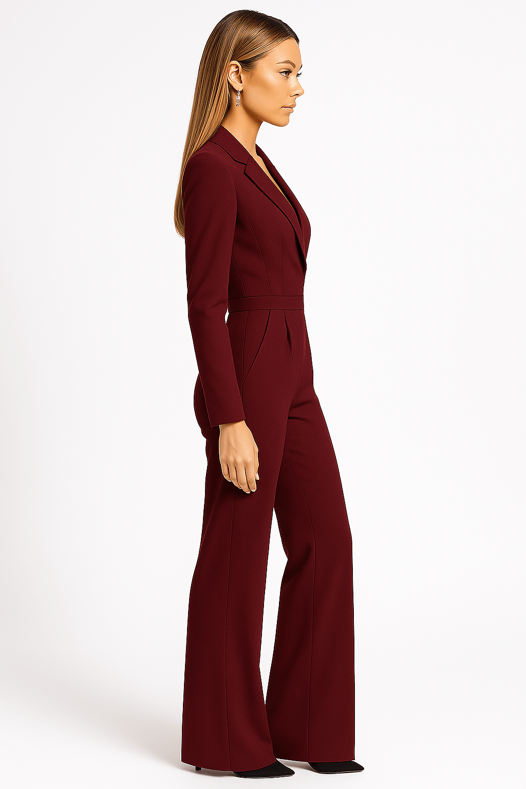 Kombinezon damski z długim rękawem i dekoltem V – dopasowana forma, jednoczęściowy krój - Arkadya Outlet - Women Jumpsuit