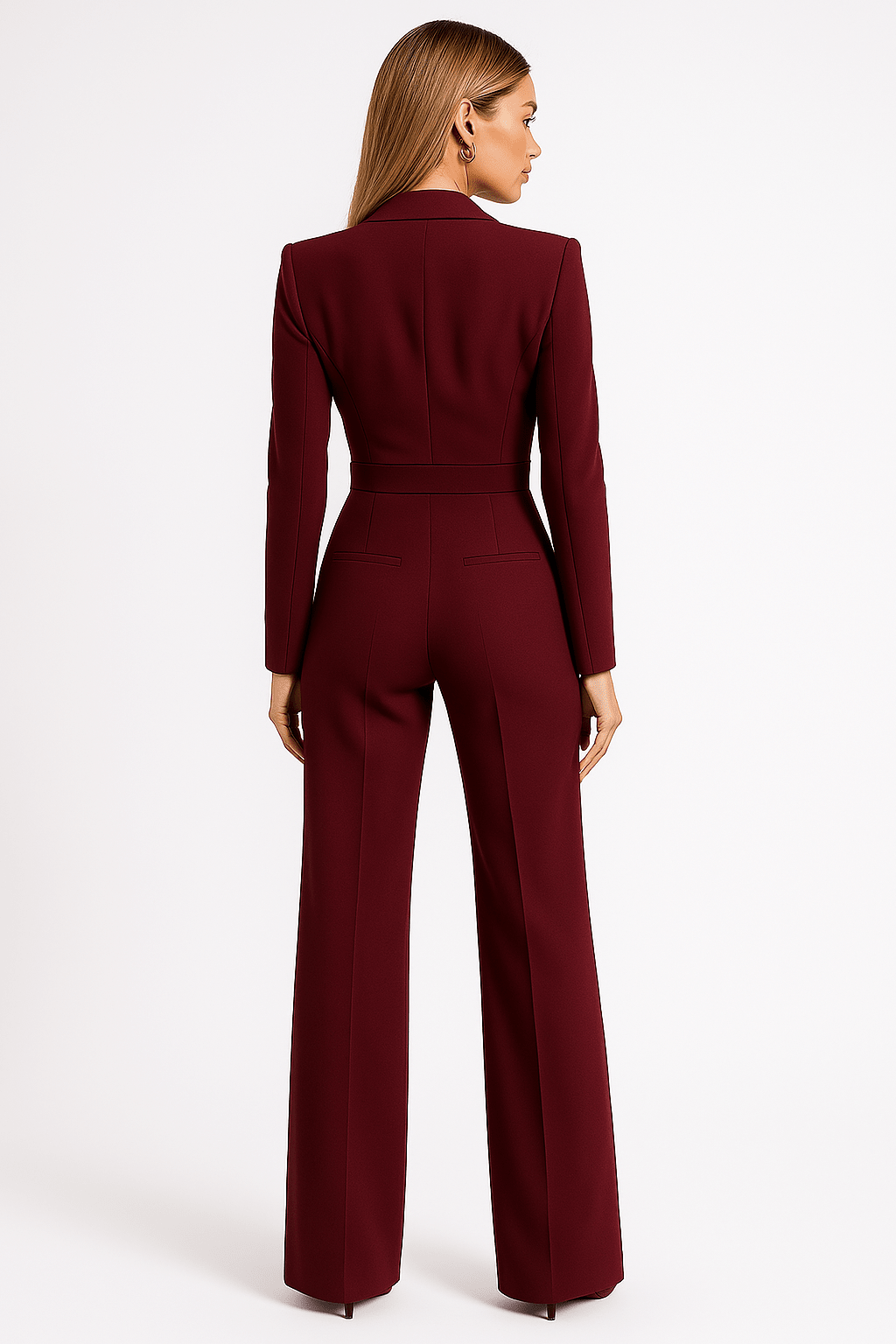 Kombinezon damski z długim rękawem i dekoltem V – dopasowana forma, jednoczęściowy krój - Arkadya Outlet - Women Jumpsuit