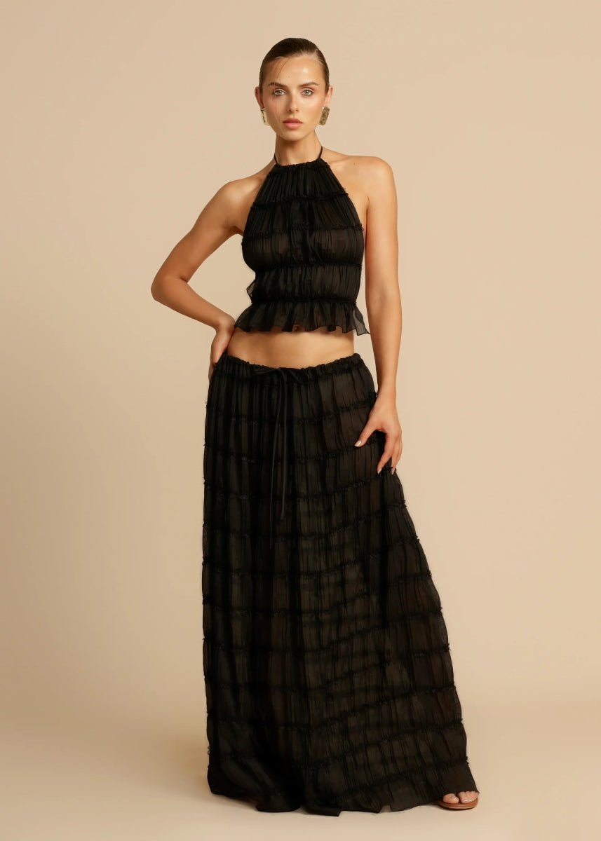 Komplet damski dwuczęściowy elegancki z topem halter i spódnicą maxi - Arkadya Outlet - Women Set