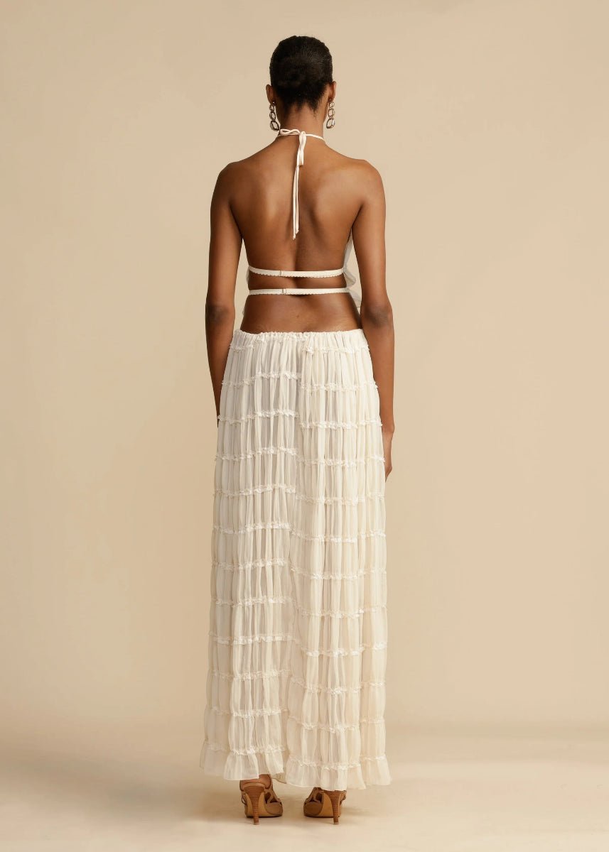 Komplet damski dwuczęściowy elegancki z topem halter i spódnicą maxi - Arkadya Outlet - Women Set