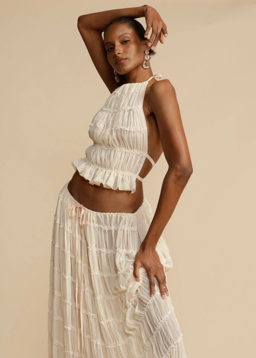 Komplet damski dwuczęściowy elegancki z topem halter i spódnicą maxi - Arkadya Outlet - Women Set