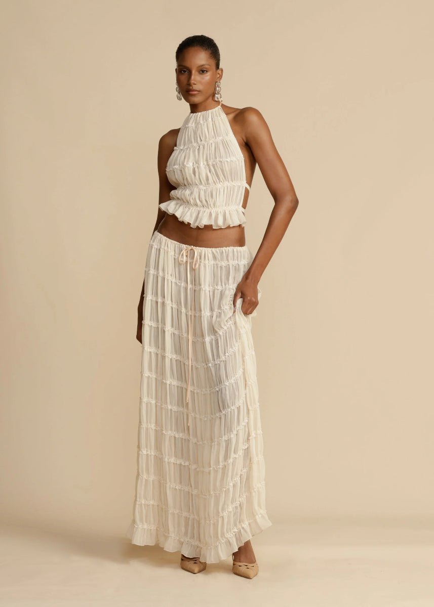 Komplet damski dwuczęściowy elegancki z topem halter i spódnicą maxi - Arkadya Outlet - Women Set