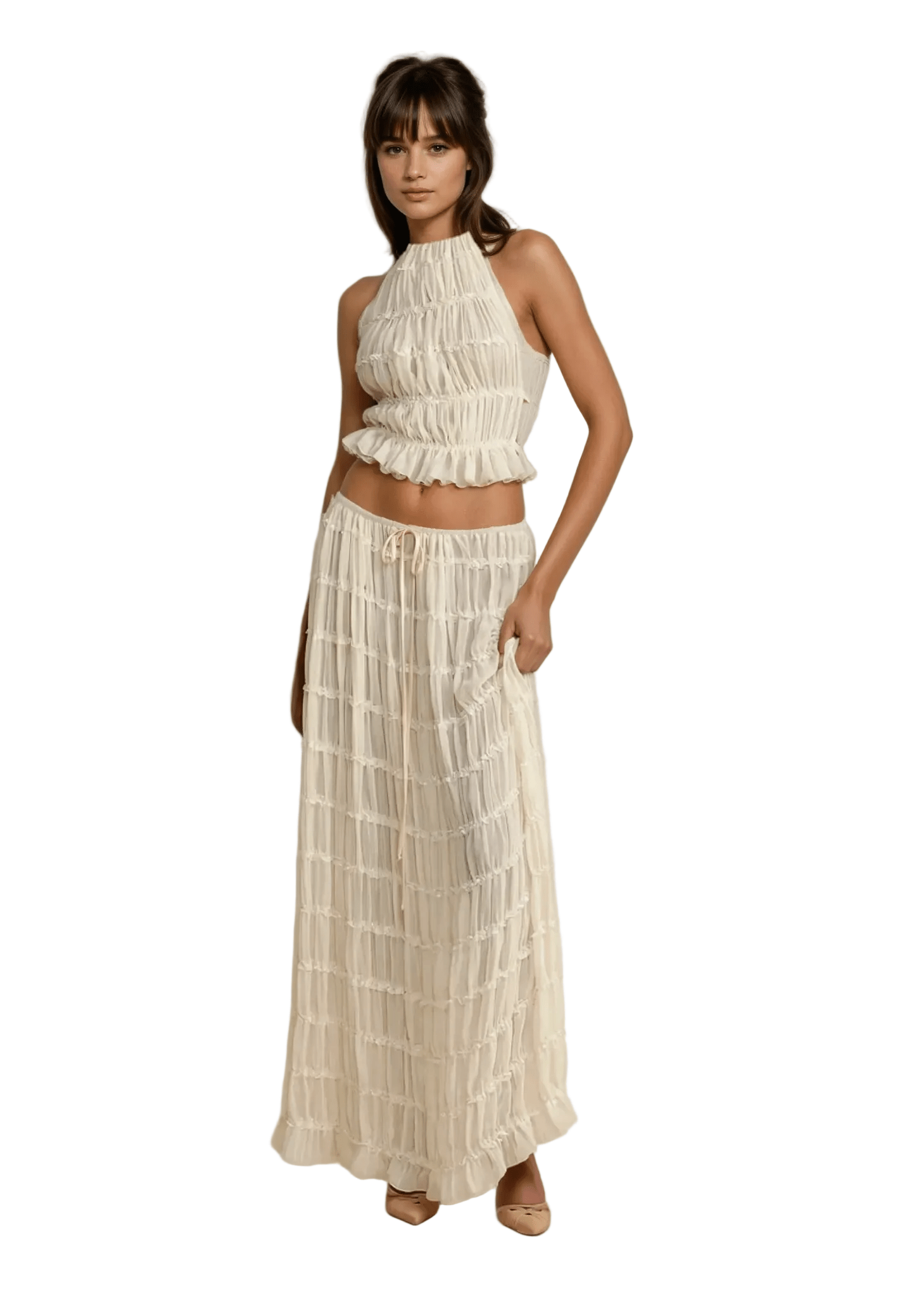 Komplet damski dwuczęściowy elegancki z topem halter i spódnicą maxi - Arkadya Outlet - Women Set
