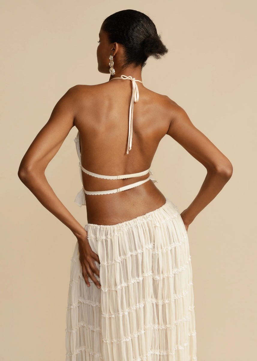 Komplet damski dwuczęściowy elegancki z topem halter i spódnicą maxi - Arkadya Outlet - Women Set