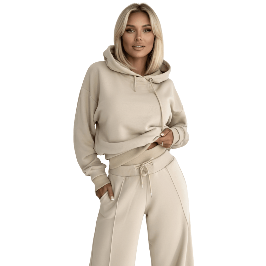 Komplet dresowy damski dwuczęściowy – bluza z kapturem i szerokie spodnie - Arkadya Outlet - Women Set