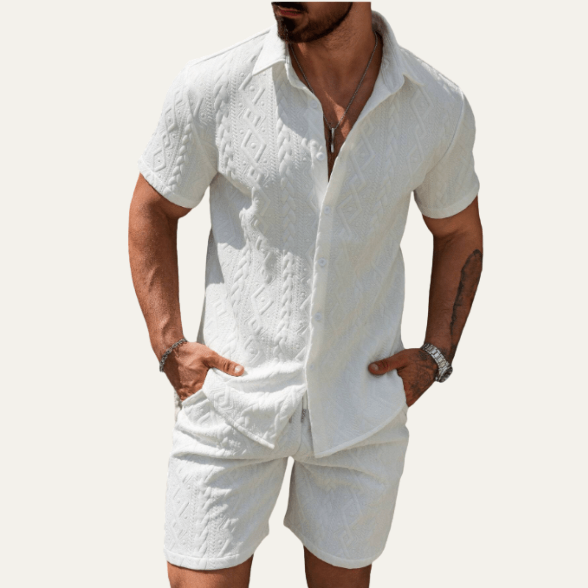 Komplet męski dzianinowy z szortami - Arkadya Outlet - Men Set