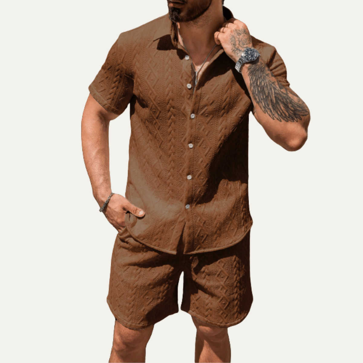 Komplet męski dzianinowy z szortami - Arkadya Outlet - Men Set