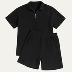Komplet męski polo na zamek z teksturowanymi szortami - Arkadya Outlet - Men Set