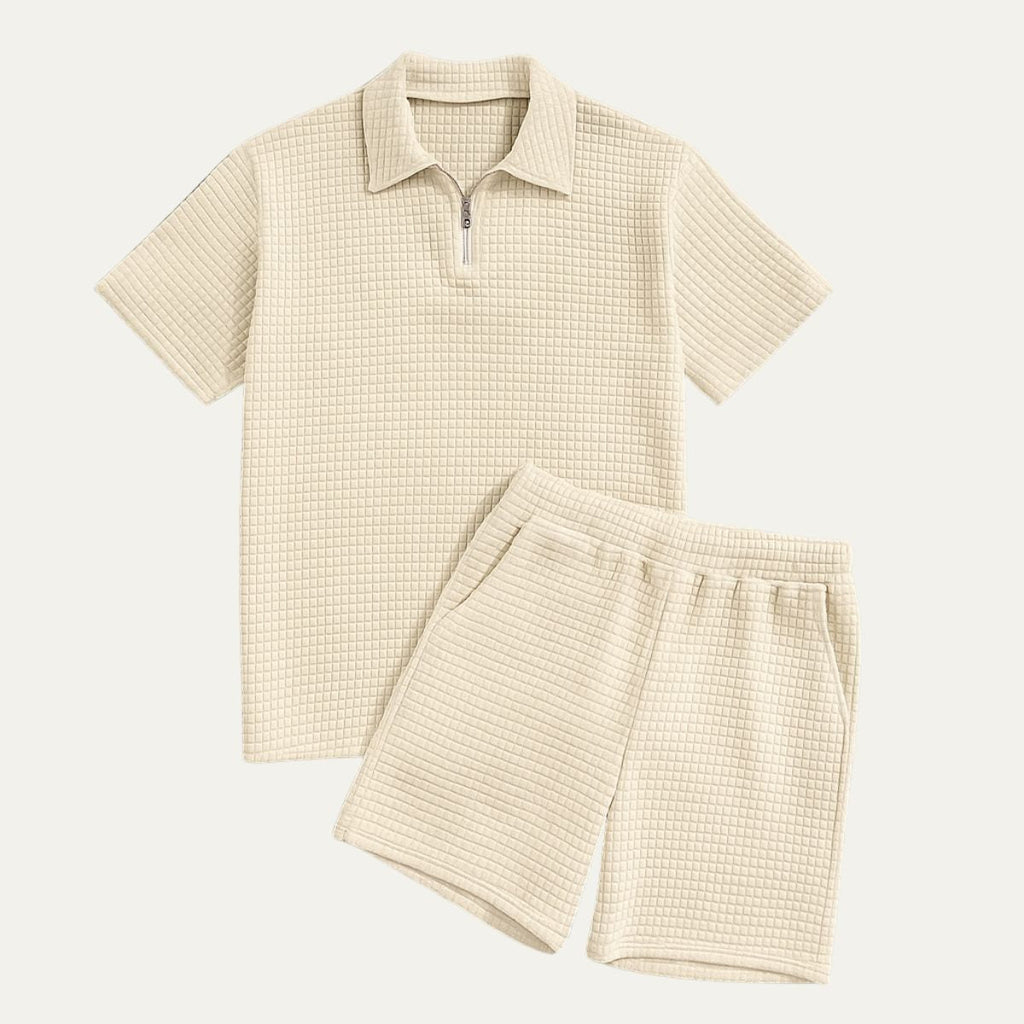 Komplet męski polo na zamek z teksturowanymi szortami - Arkadya Outlet - Men Set